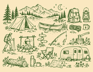 Vintage camping illustration set hand-drawn outdoor adventure elements like tent backpack and campfire perfect for travel and nature themes © Ghaffar.Arts