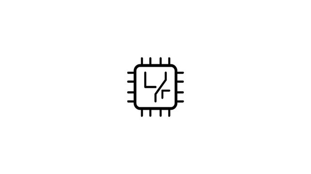 Minimalist black line CPU chip icon animation isolated on a clean white background.