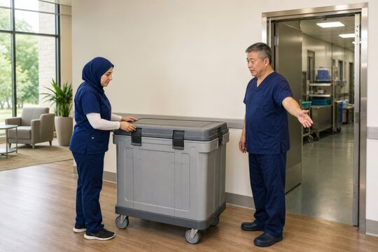 Endoscope reprocessing department - a sealed cart at a staff service lobby