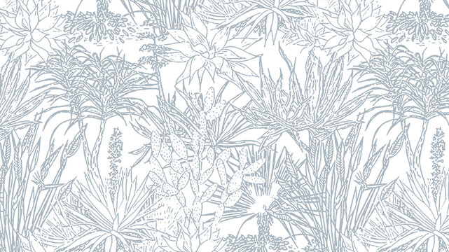 Seamless blue line art succulent cactus pattern.