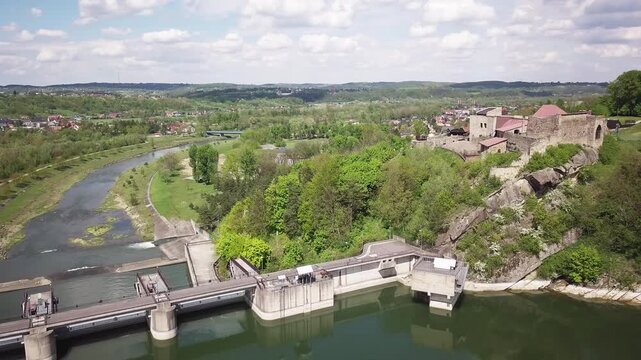 Lake Dobczyce. Water dam, view from the drone.