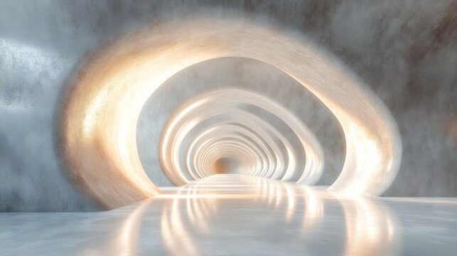 Ethereal White Organic Tunnel with Glowing Golden Rings and Reflective Surface for Conceptual Journey