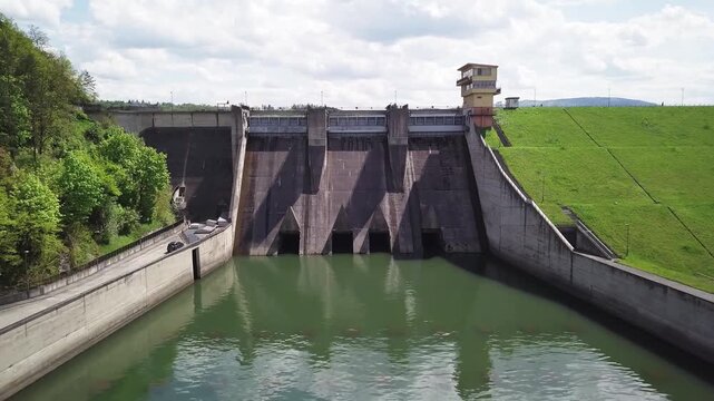 Lake Dobczyce. Water dam, view from the drone.