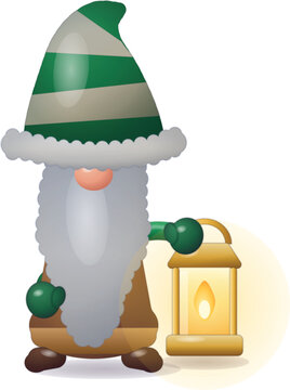 Christmas gnome holding lantern, cute festive holiday tomte character vector illustration