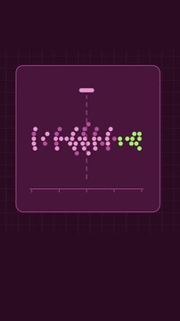 Vertical 9:16 animated bee swarm plot points in violet and blue on a dark background. Seamless looping 4K data visualization in portrait format for reels, shorts, stories and mobile presentations, wit