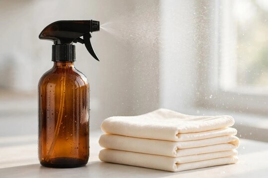 Amber spray bottle with folded cloths