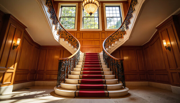 Opulent grand staircase in mansion foyer under soft chandelier light, elegance