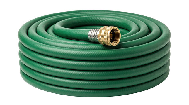 A coiled green rubber garden hose with a brass metal connector fitting for watering plants and lawn care tasks isolated on transparent background