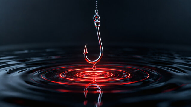 Cybercrime phishing concept with sharp metal fishing hook hanging over dark water with glowing red ripples symbolizing online scam danger and digital fraud trap