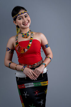 Portrait of young girl wearing a traditional cloth Simba Murut Tahol native of Sabah Borneo