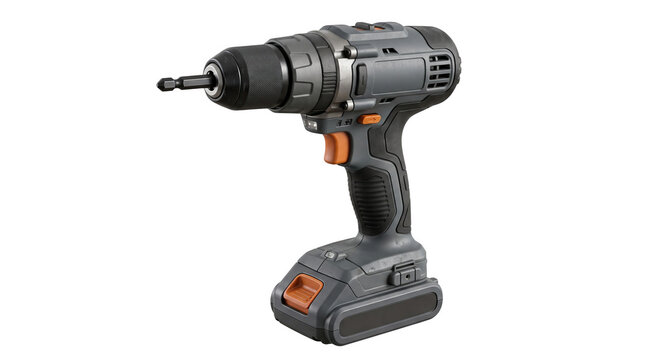 A professional cordless impact driver power tool with a heavy duty battery pack for construction and home improvement projects isolated on transparent background