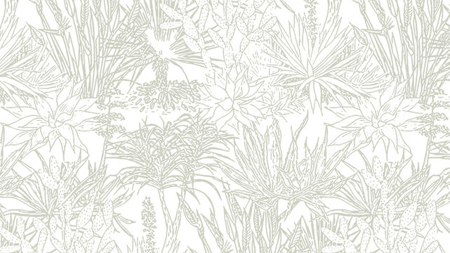 Seamless green line art succulent cactus pattern.