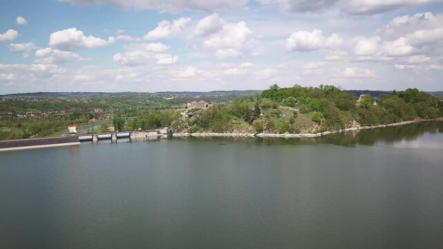 Lake Dobczyce. Water dam, view from the drone.