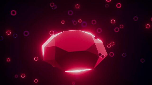 Geometric polyhedron rotates amidst a cascade of digital code.