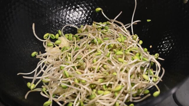 Stir Frying Soybean Sprouts in a Hot Iron Wok with Wok Hei