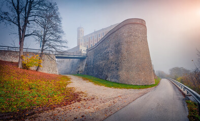 Obraz premium Foggy autumn view of Trautenfels Castle. Picturesque morning scene of archaeological and folk art exhibits in a baroque castle in Trautenfels village, Austria.