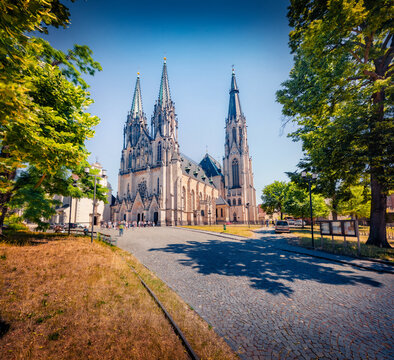Stunning afternoon view of Saint Wenceslas Cathedral Olomouc, Restored Gothic cathedral. Majestic summer cityscape of Olomouc town, eastern province of Moravia, Czech Republic. 