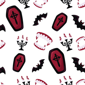 Gothic Halloween seamless pattern with vampire fangs and coffins