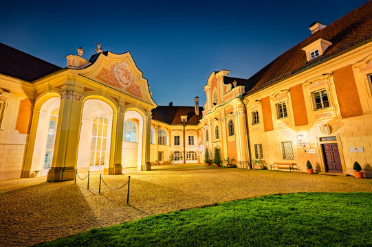 Night summer view of illuminated Schloss Lamberg Events - city government office. Wonderful evening cityscape of Steyr town, located in the Austrian federal state of Upper Austria, Europe.
