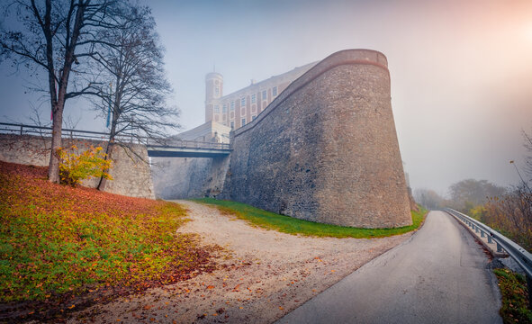 Foggy autumn view of Trautenfels Castle. Picturesque morning scene of archaeological and folk art exhibits in a baroque castle in Trautenfels village, Austria.
