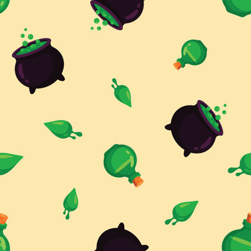 Seamless pattern with magic cauldrons and glowing green potions