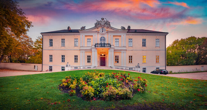 Exciting evening view of Liechtenstein Castle Wilfersdorf. Nice autumn cityscape of Wilfersdorf town, Austria, Europe. Traveling concept background.