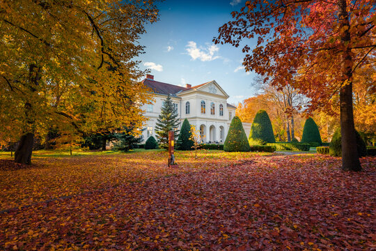 Fabulous autumn view of Ernuszt castle. Marvelous sunset in Hungary, Europe. Spectacular autumn cityscape of Ernuszt town, Europe.  Trees covered with orange and crimson leaves.