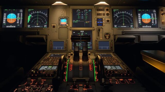 Interior view of a modern aircraft cockpit with illuminated control panels and navigation screens.