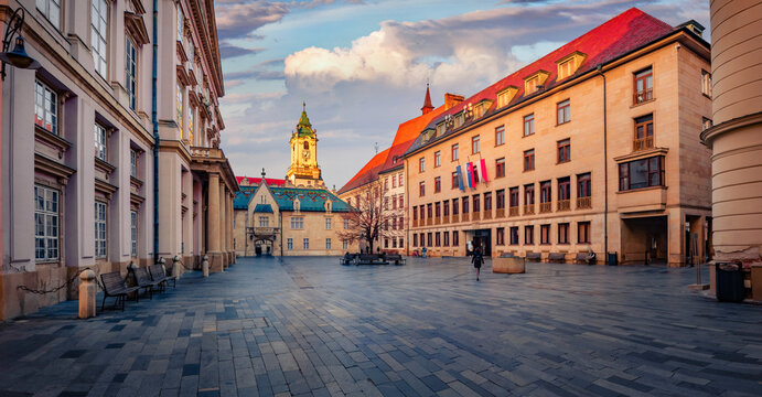 Panoramic summer view of Main Square of Bratislava city with Old Town Hall on background. Picturesque morning cityscape of Bratislava, capital of Slovakia, Europe. Traveling concept background.
