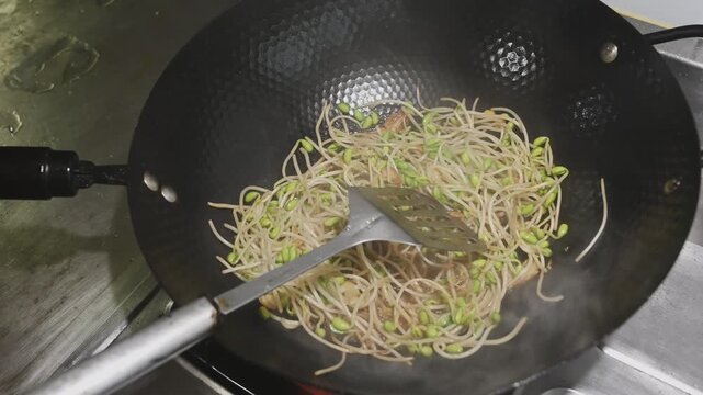 Stir Frying Soybean Sprouts in a Hot Iron Wok with Wok Hei