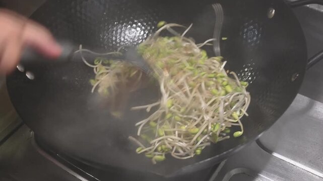 Stir Frying Soybean Sprouts in a Hot Iron Wok with Wok Hei
