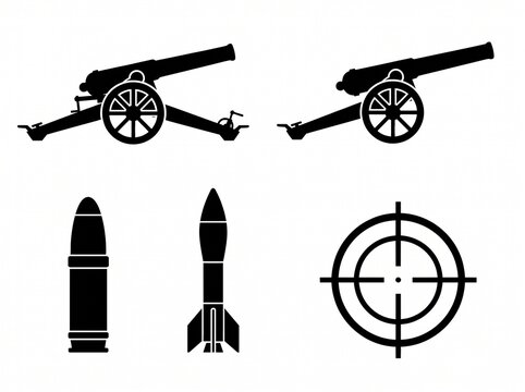 Vintage cannons with projectile and icons in silhouette against a white background for historical or military themes