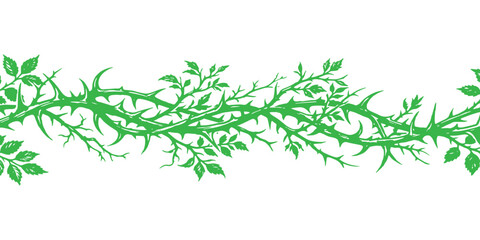 Fototapeta premium Green thorn vine seamless horizontal border pattern illustration with sharp leaves and stems vector illustration.