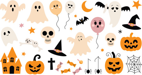 Obraz premium Cute Halloween Clipart Set with Ghosts Pumpkins and Haunted House in Vector Design and Illustration Style