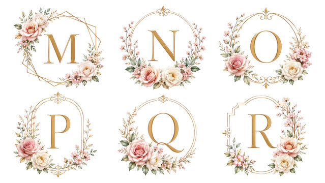 Six elegant gold monogram frames with letters M, N, O, P, Q, R adorned with pastel roses, peonies and foliage, perfect for wedding invitations, stationery, and decorative monograms