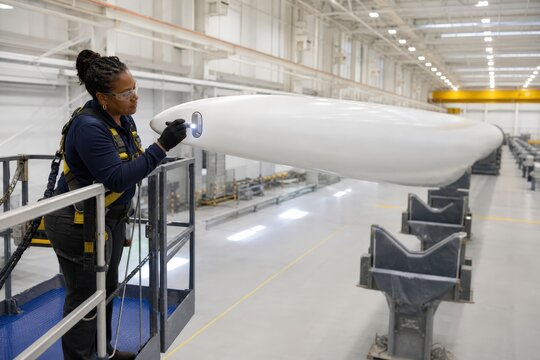 Wind turbine lightning protection inspection - a technician inspecting a factory blade tip receptor