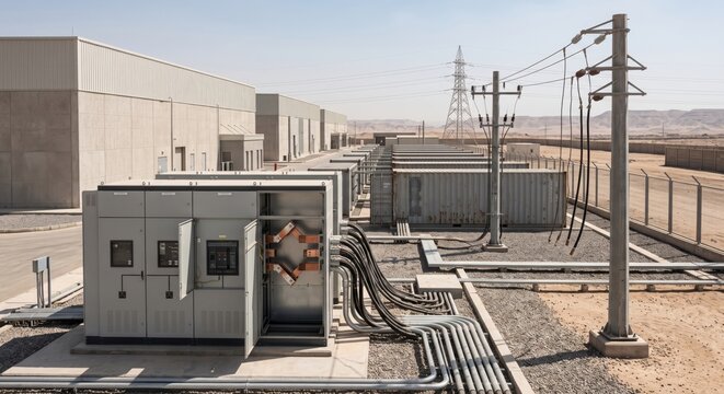 Modern electrical switchgear and battery storage system in industrial microgrid facility with transmission lines