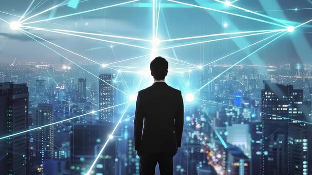 Businessman Standing in Connected Digital Cityscape