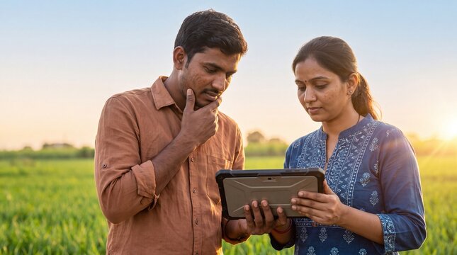 Progressive Indian farmer and agritech consultant using digital tablet in crop field