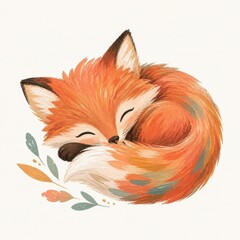 Obraz premium Sleeping fox watercolor illustration with autumn leaves
