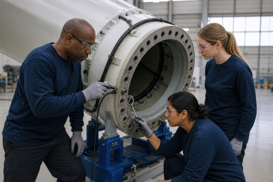 Wind turbine lightning protection inspection - specialists at a blade root bonding fixture