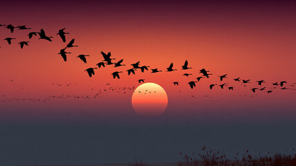 Obraz premium Solid black silhouettes of a large flock of migrating birds flying across a red and orange sunset sky above a large setting sun and marsh reeds
