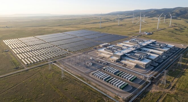 Hybrid renewable energy facility combining solar panels wind turbines battery storage modern industrial site aerial view