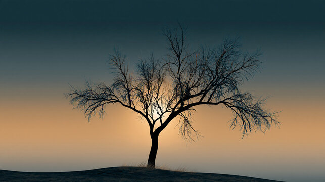 Silhouette of a single bare tree on a hill with fine branches backlit by a soft golden sunset glow against a dark teal sky, wide landscape format