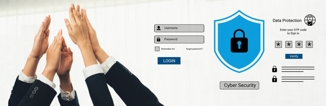 Image depicts hands raised in agreement over a cyber security concept, showcasing a login screen and symbols for data protection and secure verification. Gantry