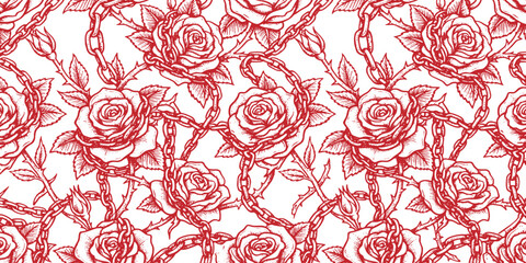 Vintage red roses and chains seamless pattern with floral thorn elements vector illustration background. © Artful