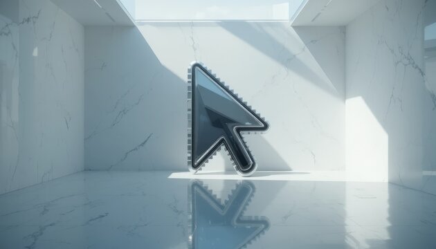 Shiny metallic computer cursor arrow icon standing in the center of a bright marble room
