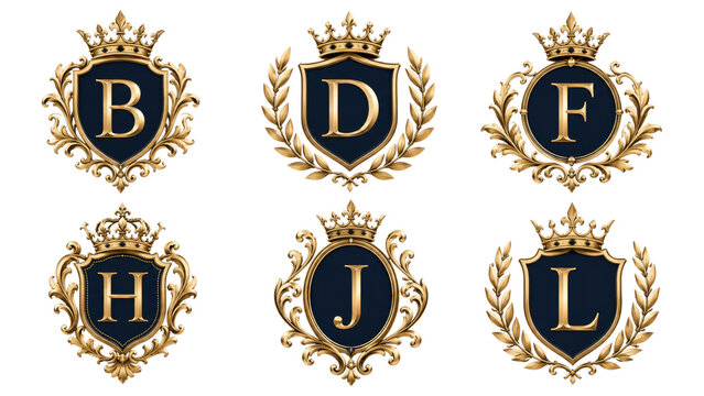 Six ornate gold and navy heraldic shields with crowns, laurel wreaths and monogram initials B, D, F, H, J, L, featuring decorative filigree and regal ornamental flourishes
