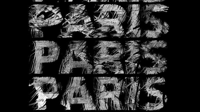 Paris textured text rises from the bottom and disappears at the top. Abstract animated texture with rough dry brush strokes and expressive brush marks. Seamless loop with alpha channel.