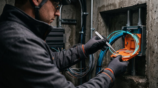 Field technician splices fiber at an urban utility junction